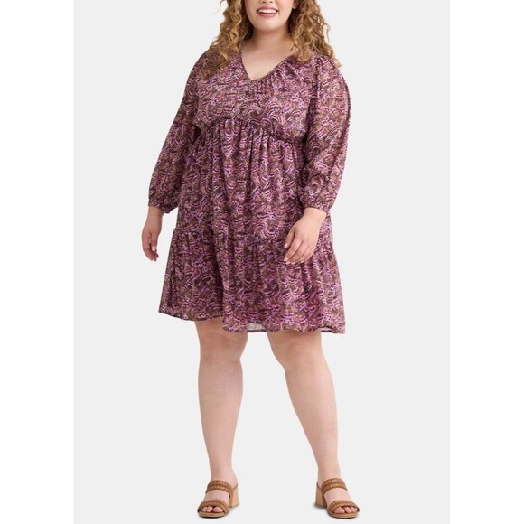 Terra & Sky Womens‎ Purple Balloon Sleeve Floral Print Boho A-Line Dress Size 3X - Picture 1 of 16
